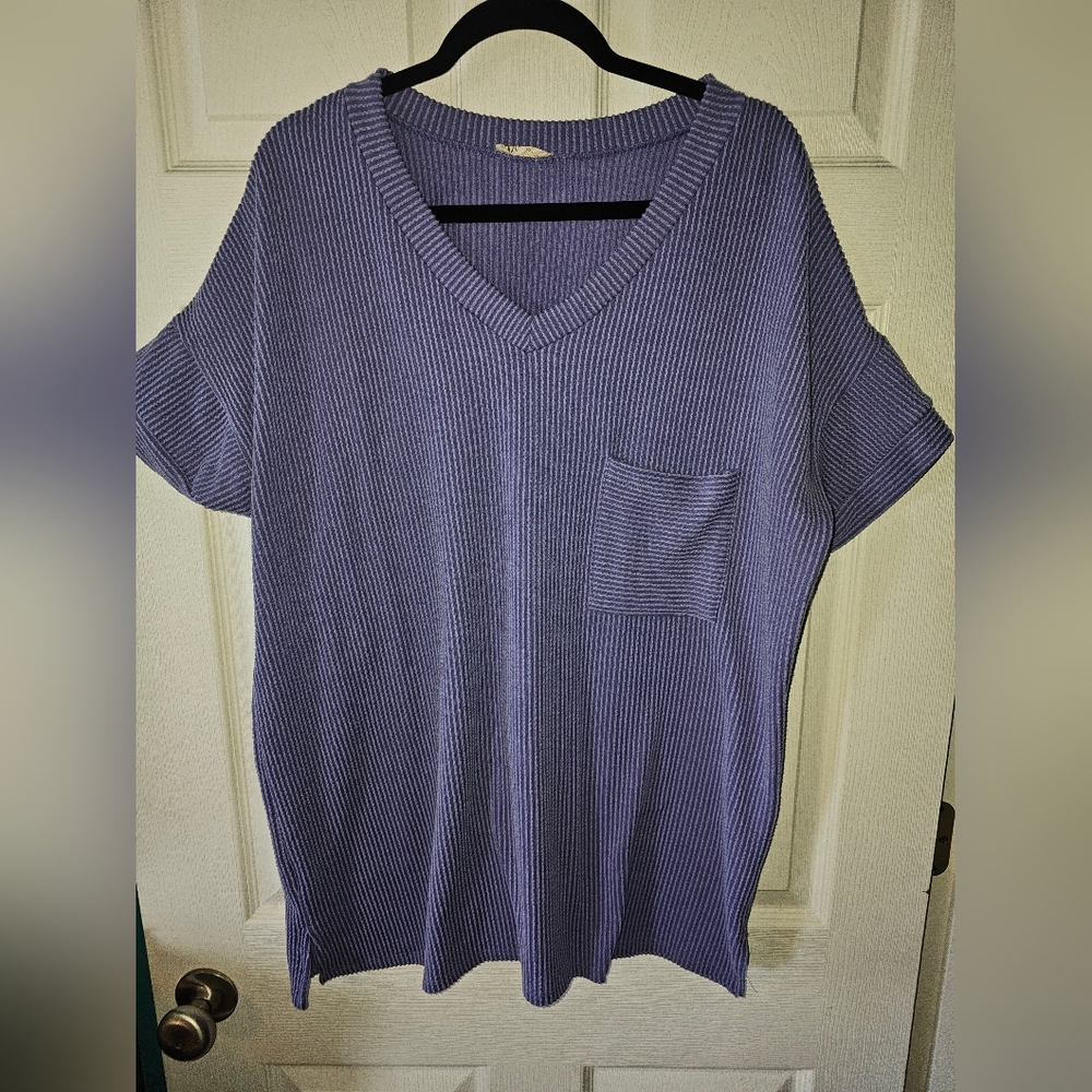 Women's Purple V-Neck Ribbed Top 1X Blumin